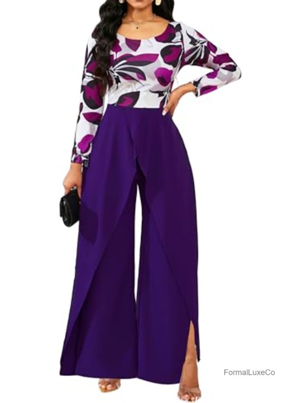 Womens Floral Overlay Jumpsuit Long Sleeve Wide Leg Party Cocktail